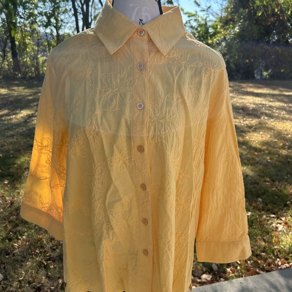 Breckenridge Blouse Yellow Floral 3/4 Slv Cotton Plus Size 1X
